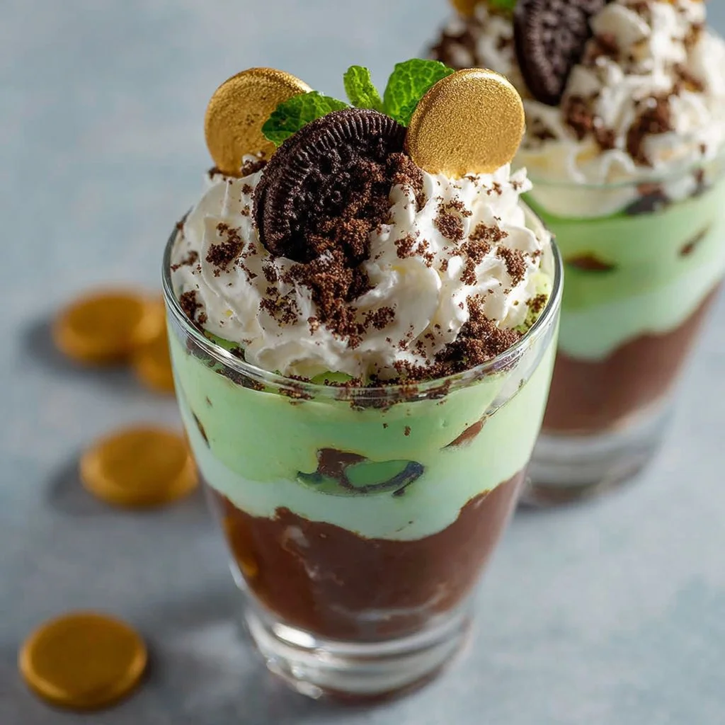 Colorful Lucky Leprechaun pudding parfaits topped with whipped cream and sprinkles