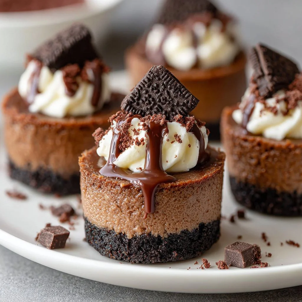 Delicious mini chocolate cheesecakes served on a decorative plate.