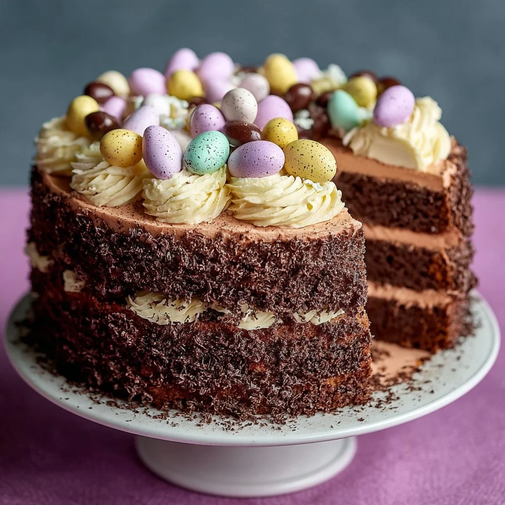Mini Egg Speckled Cake decorated with colorful chocolate egg candies.