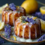Mini lemon cakes topped with lavender glaze on a white plate