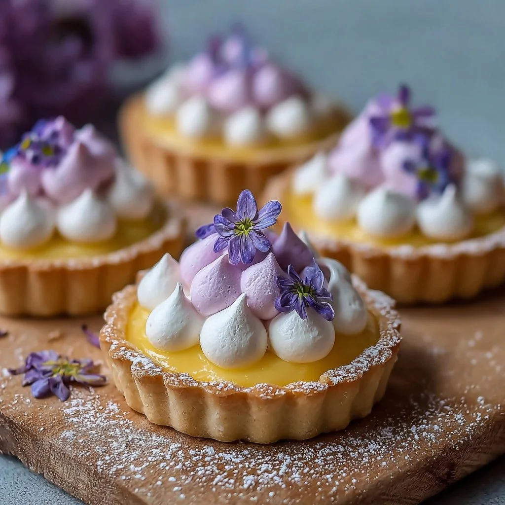 Mini lemon tart topped with lilac meringue, a delightful spring dessert.
