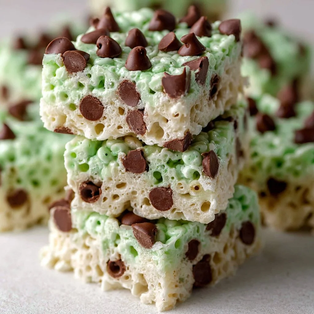 Delicious mint chocolate chip Rice Krispie treats with green and brown colors