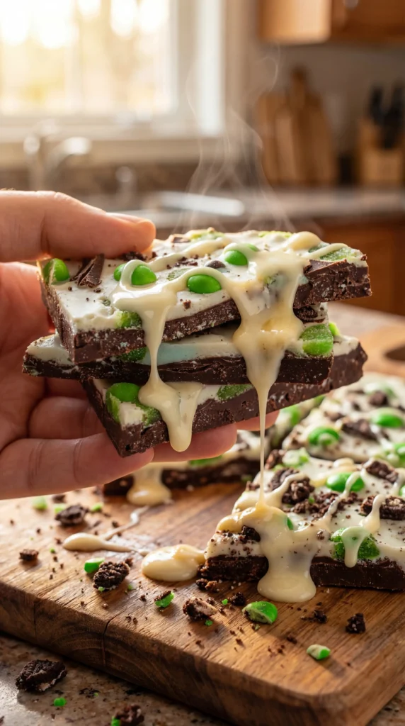 Delicious Mint Oreo Bark with chocolate and Oreo cookies
