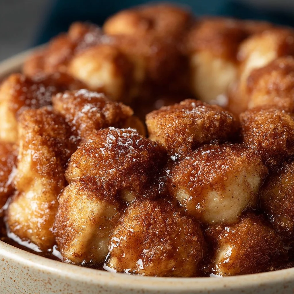Homemade Monkey Bread served on a dish, with gooey cinnamon and sugar topping.