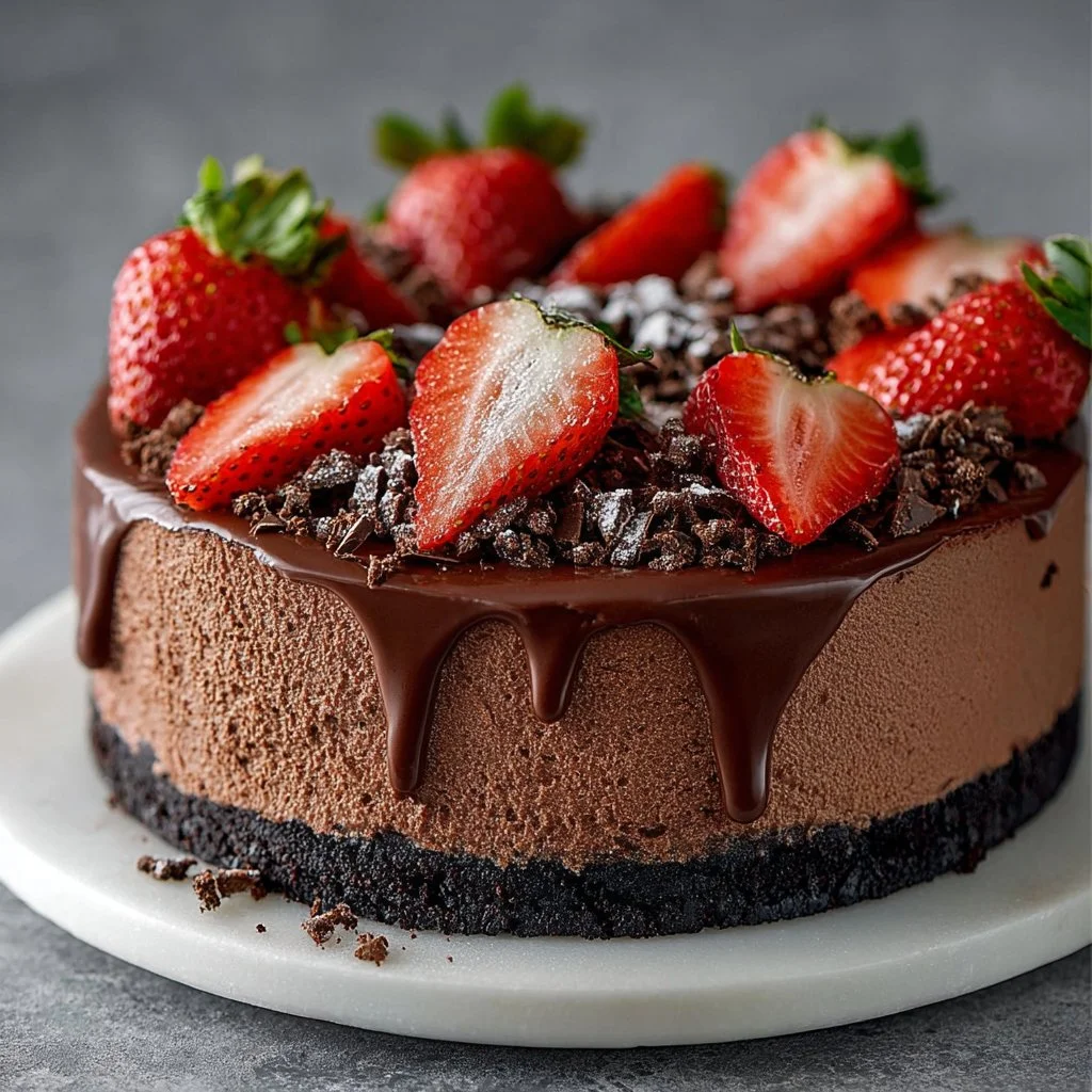 No-bake chocolate strawberry mousse cake topped with fresh strawberries and chocolate.
