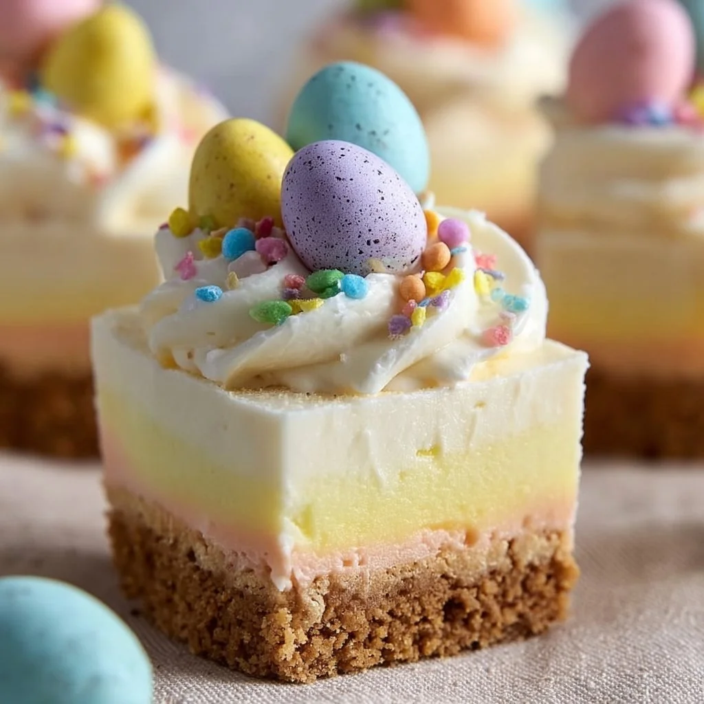 No-bake Easter cheesecakes topped with colorful decorations for spring celebrations