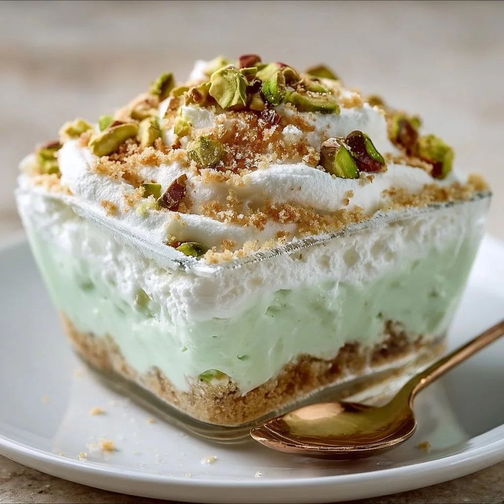 Delicious no-bake pistachio lush dessert served in a glass dish