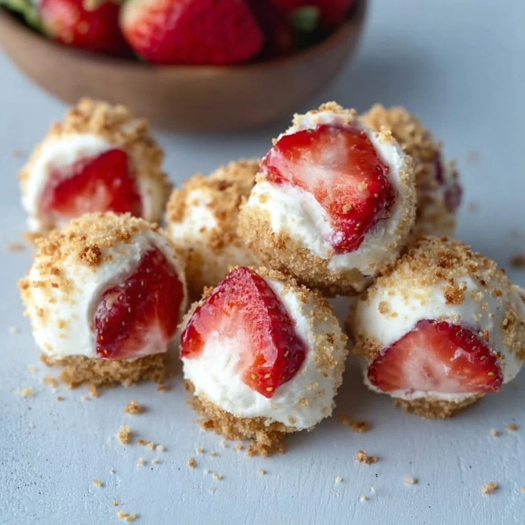 Delicious No Bake Strawberry Cheesecake Bites on a white plate