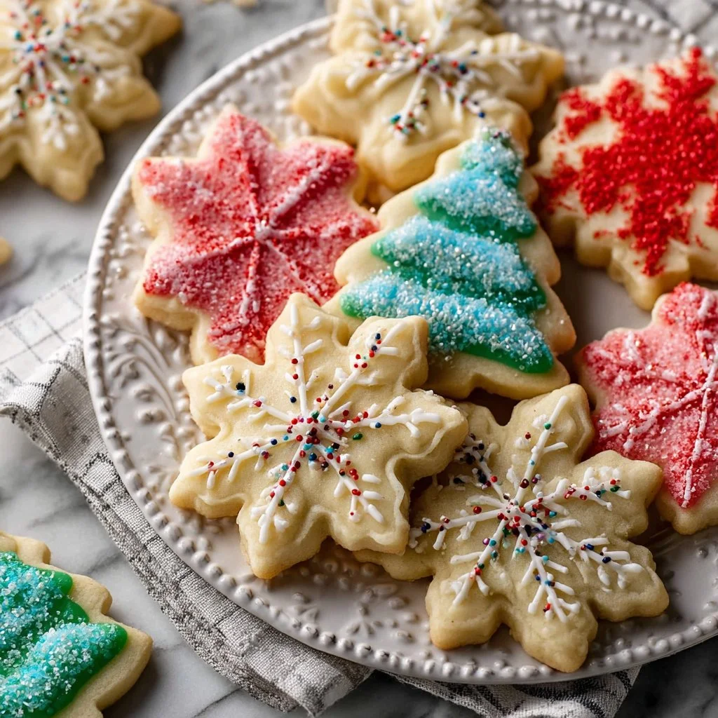 Decorated no-spread cut-out sugar cookies on a festive table