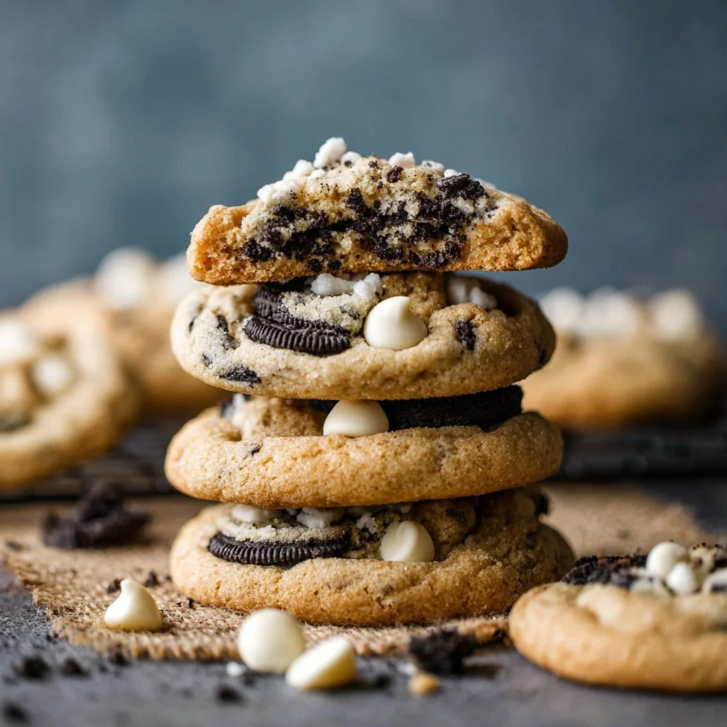 Oreo White Chocolate Chip Cookies on a rustic table