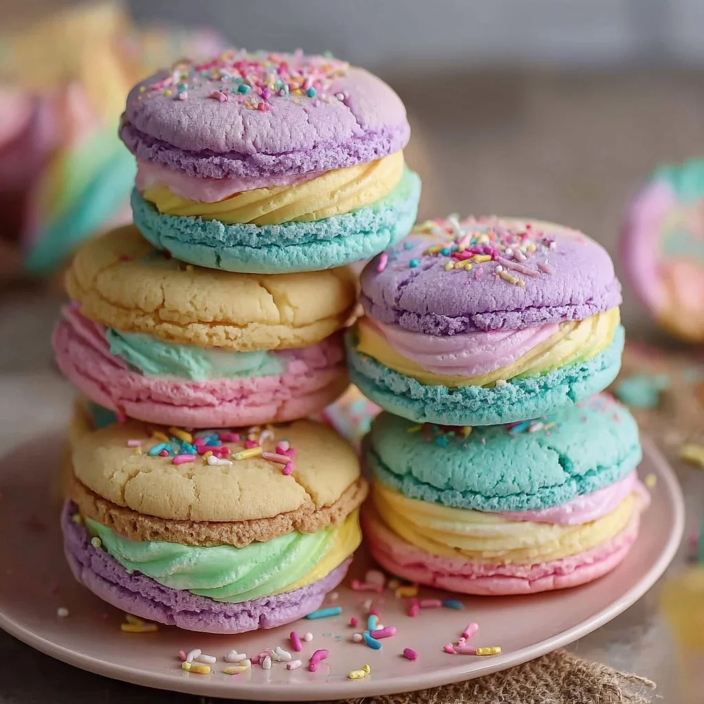 Pastel sugar cookie sandwiches with frosting in between, decorated for a festive look