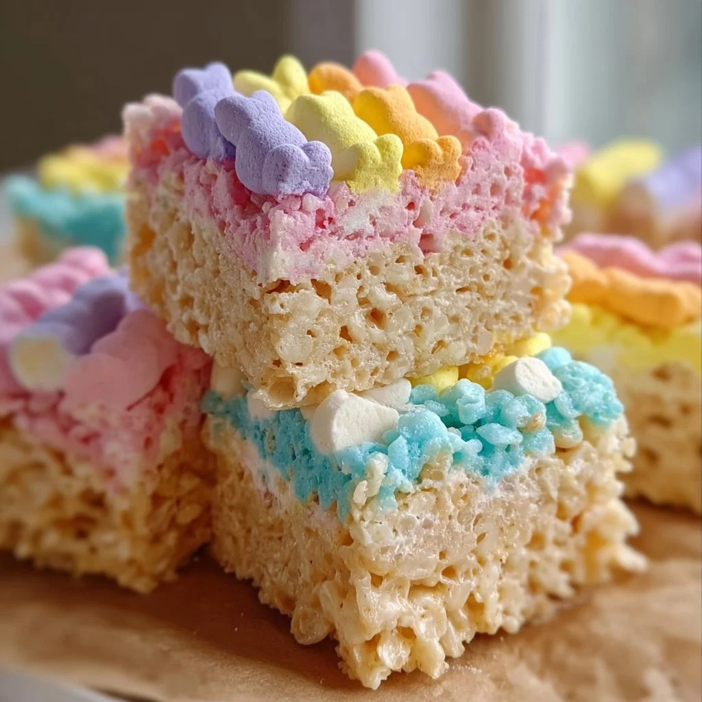 Colorful Peeps Rice Krispie Treats decorated for Easter