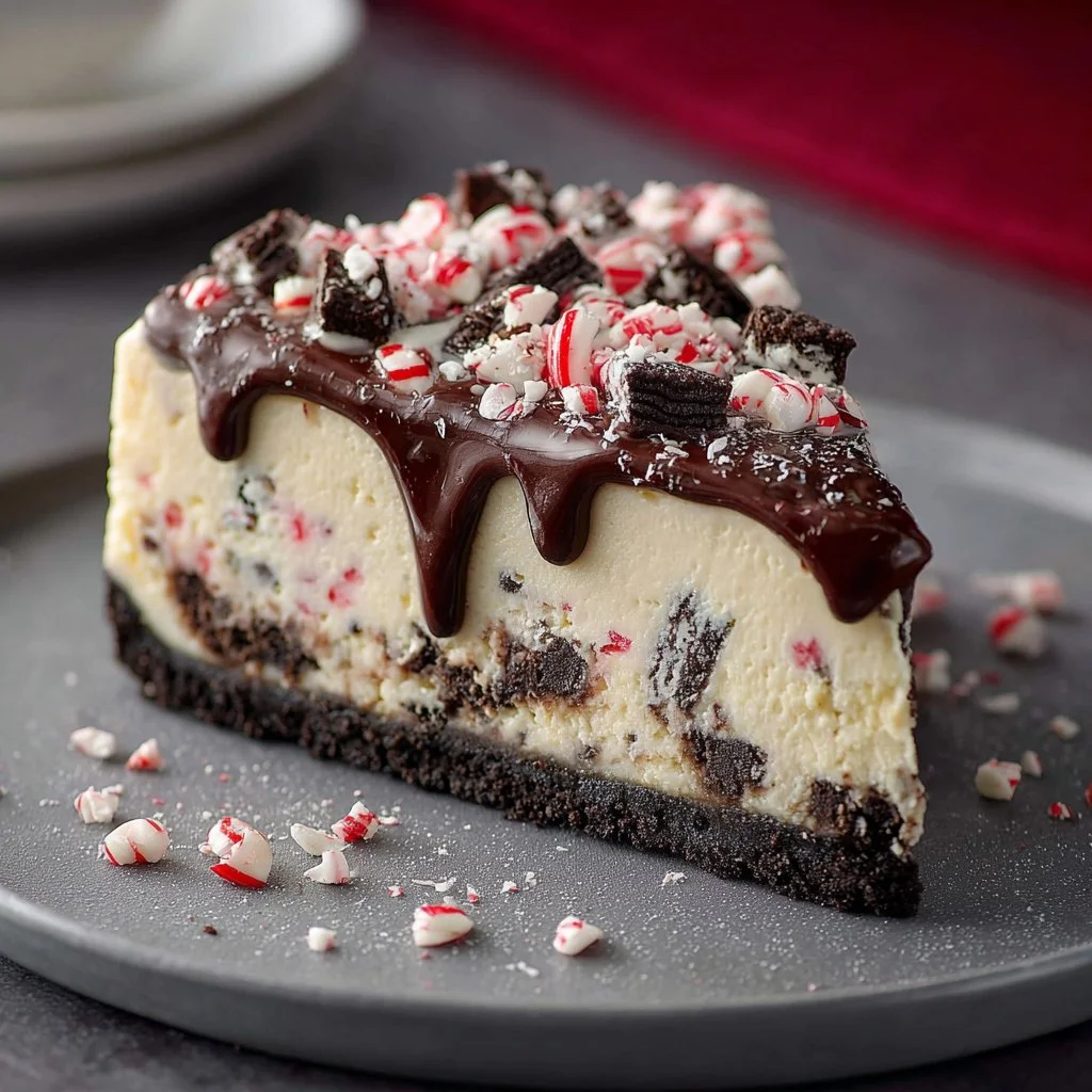 Delicious peppermint bark cheesecake with Oreo crust, festive dessert recipe.