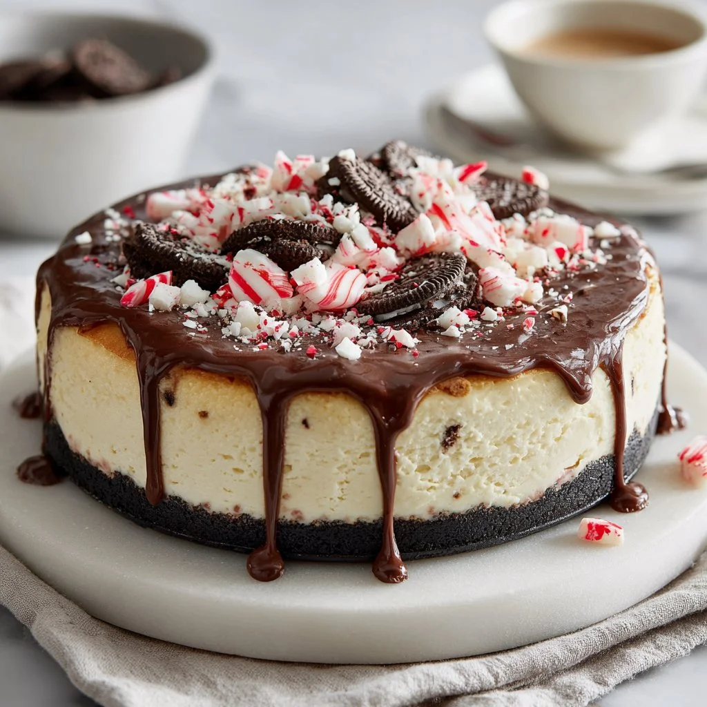Peppermint Bark Cheesecake with Oreo Crust
