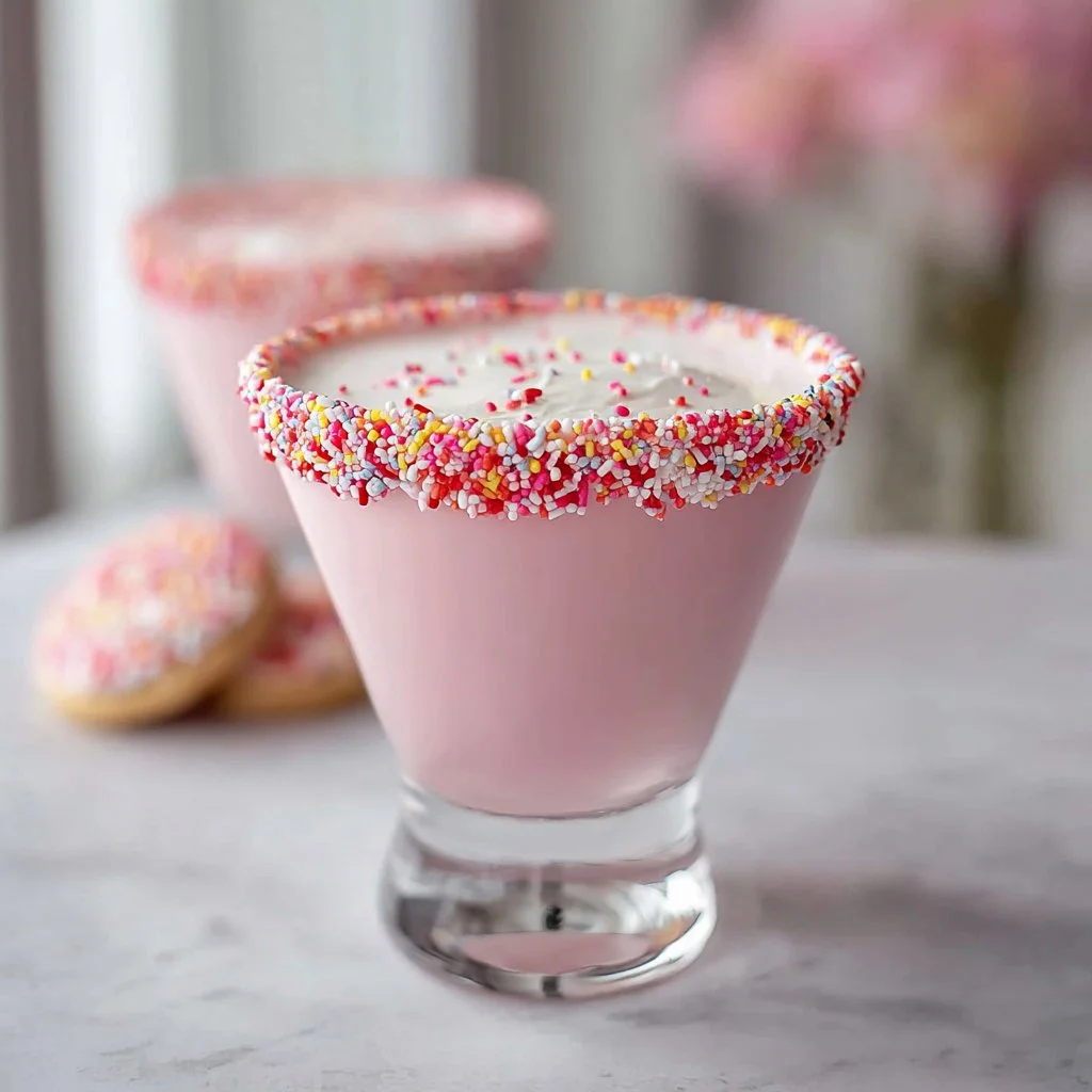Delicious Pink Sugar Cookie Martini garnished with sprinkles and a cookie