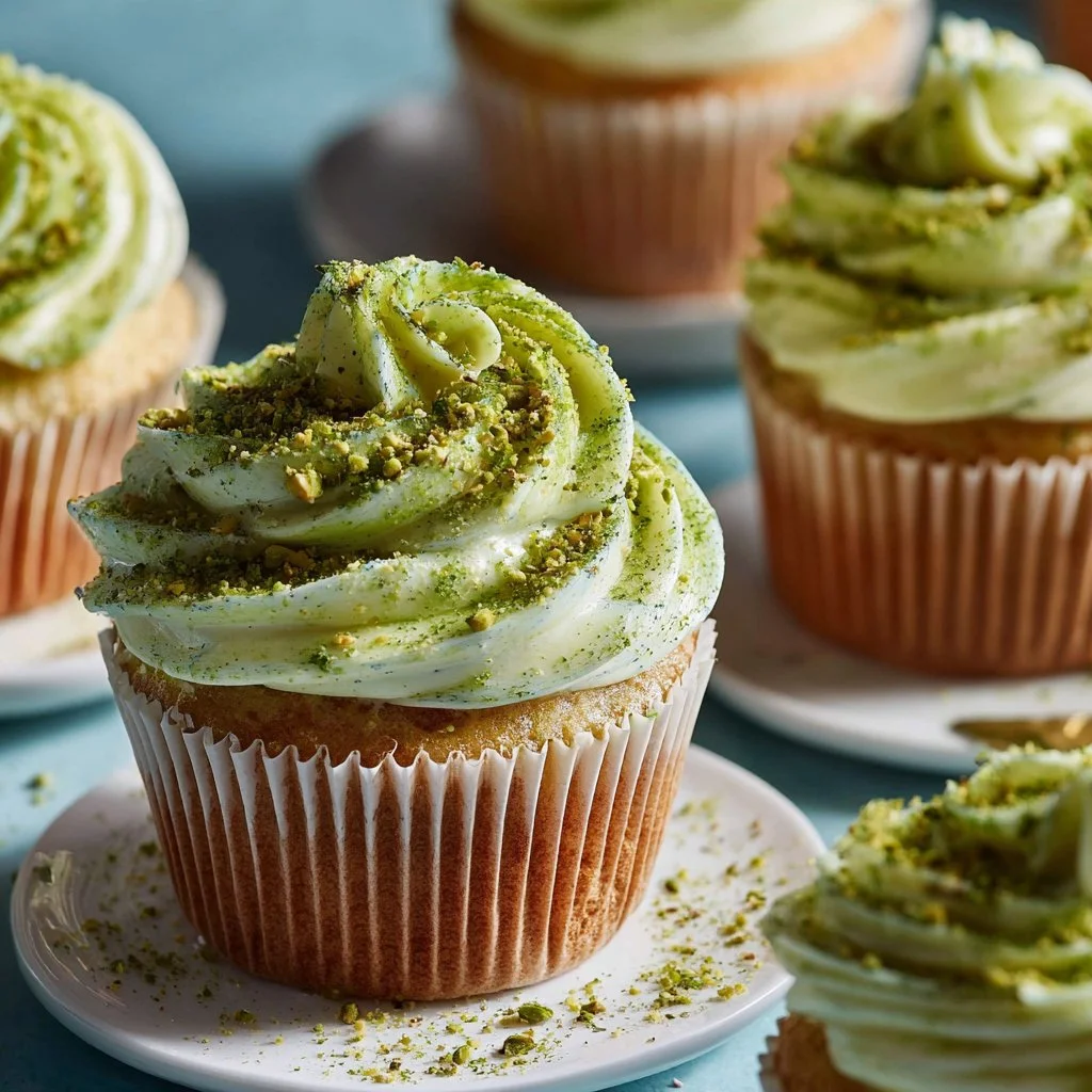 Pistachio and white chocolate cupcakes with festive decorations