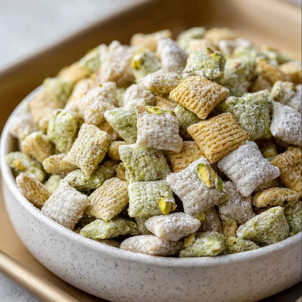 Delicious pistachio muddy buddies snack mix in a bowl