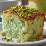 Delicious pistachio pudding cake with a creamy frosting and pistachio garnish