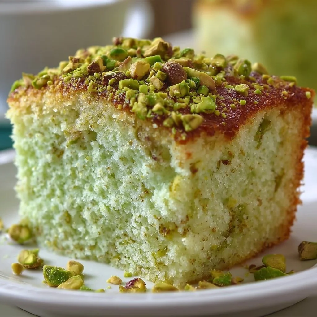 Delicious pistachio pudding cake with a creamy frosting and pistachio garnish