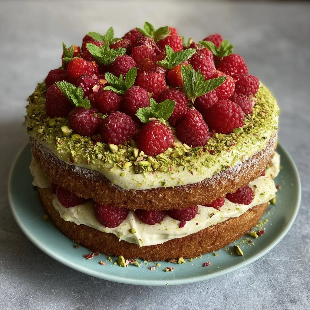 A beautiful slice of Pistachio Raspberry Cake topped with fresh raspberries and pistachios.
