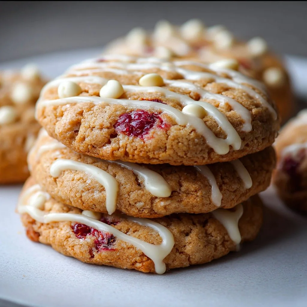 Delicious Raspberry Cheesecake White Chocolate Chip Cookies on a plate