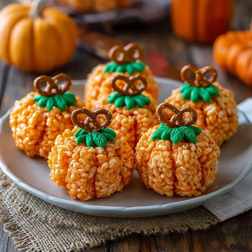 Halloween-themed Rice Krispie Treat Pumpkins decorated for festive occasions