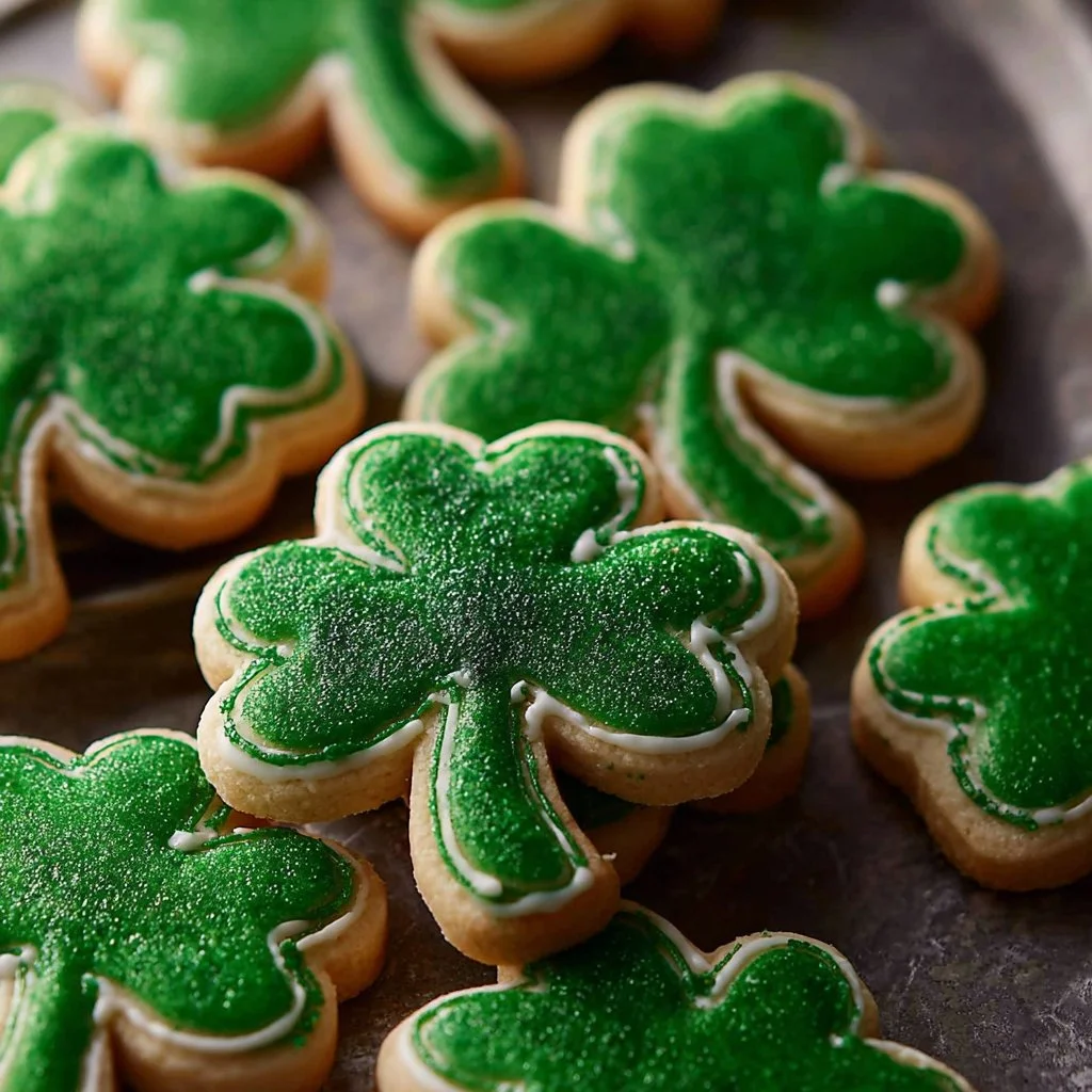 Festive Shamrock Sugar Cookies decorated with green icing for St. Patrick's Day