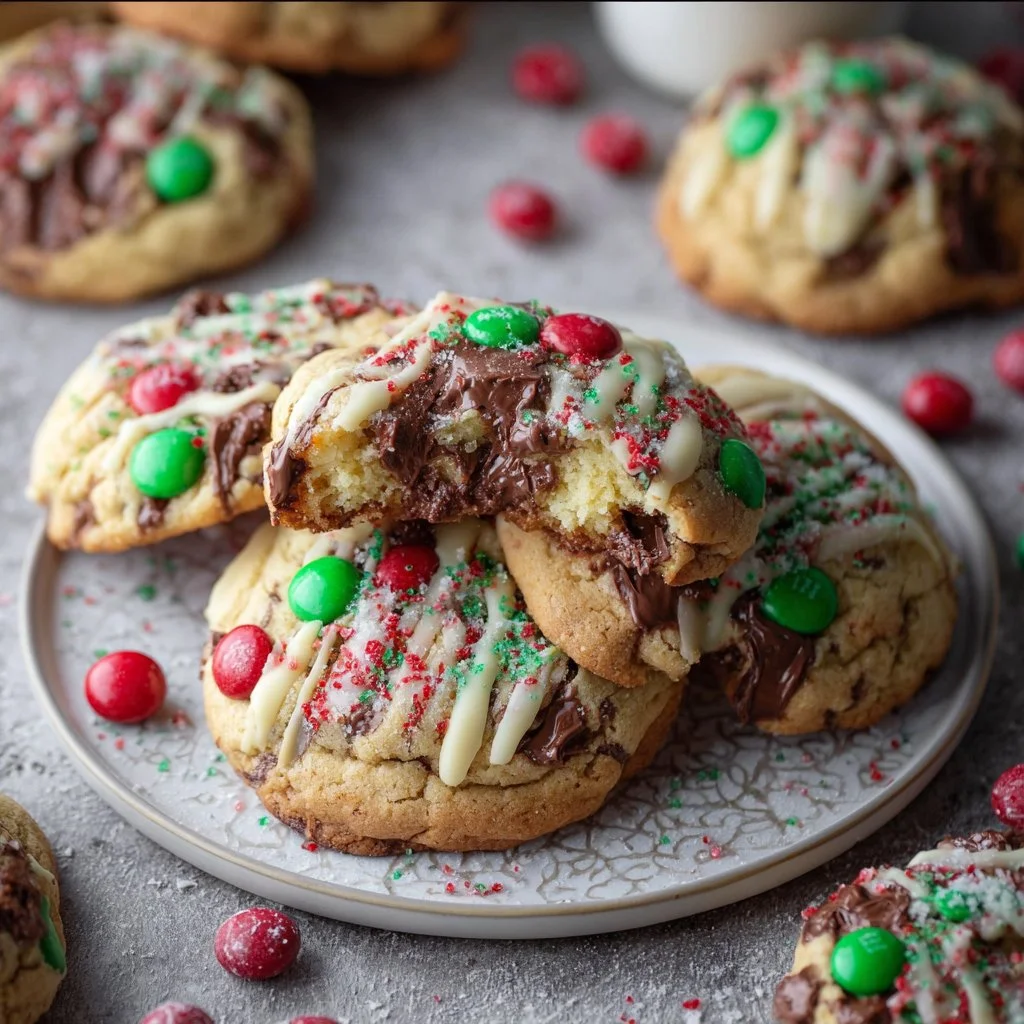 Soft Christmas pudding cookies decorated with festive icing and fruits.