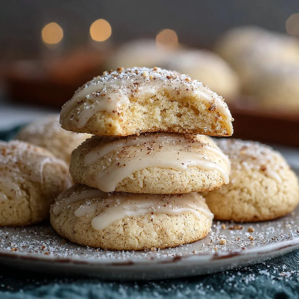 Soft Eggnog Cookies arranged on a festive platter