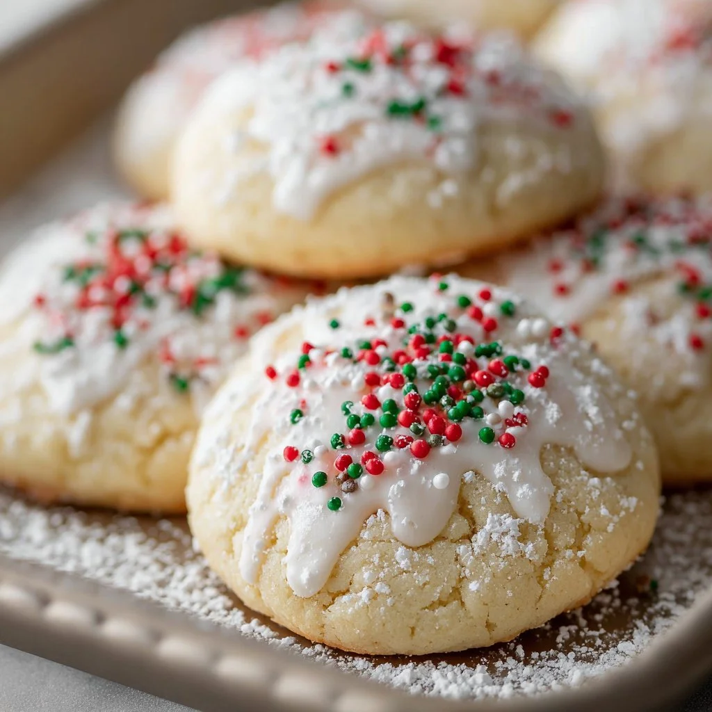 Plate of soft Italian Christmas cookies decorated with icing and sprinkles