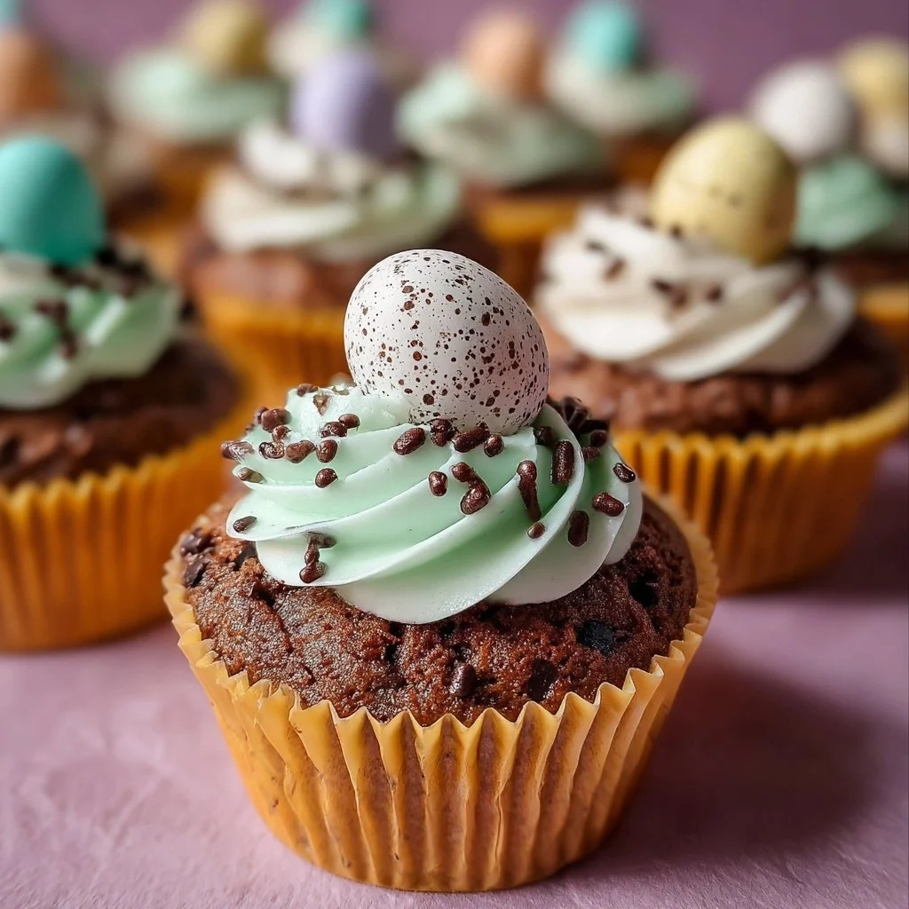 Colorful speckled egg Easter cupcakes decorated for spring celebrations
