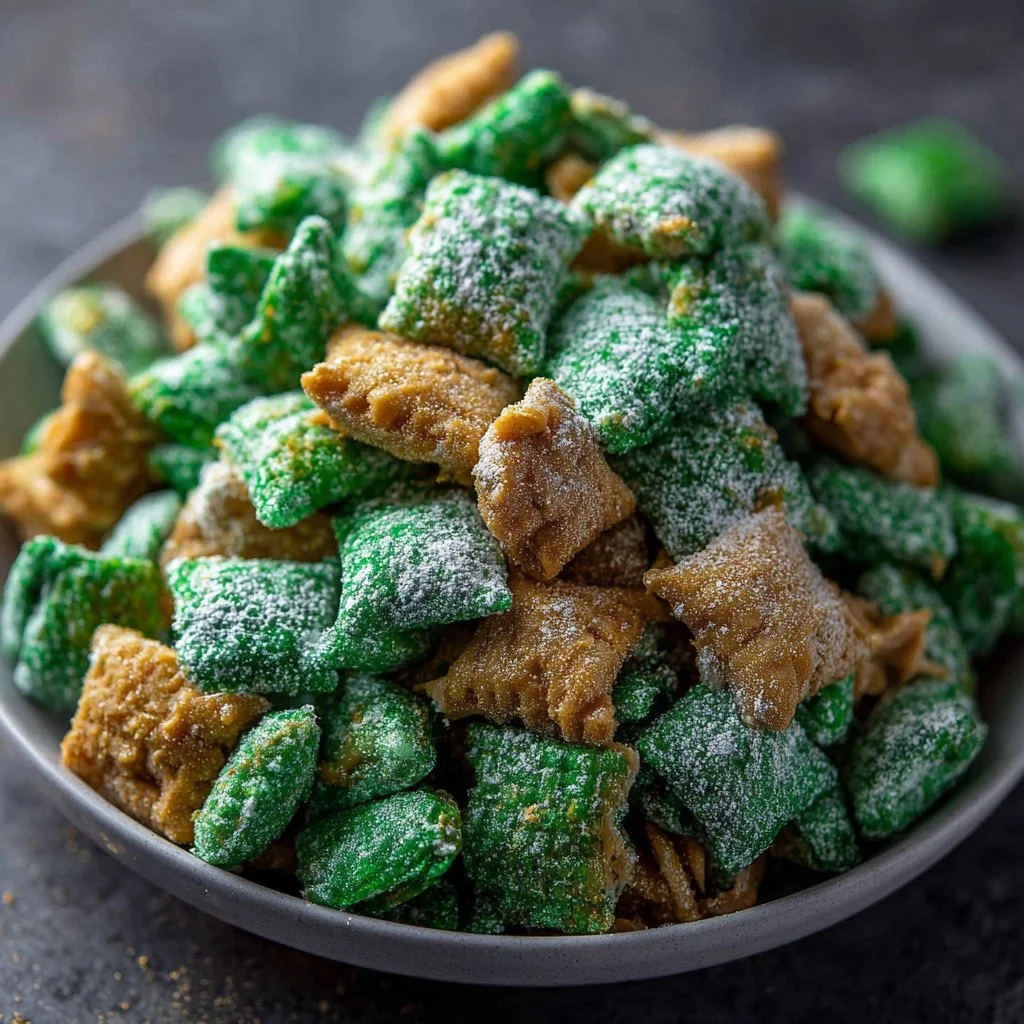 St. Patrick's Day themed Puppy Chow recipe with green sprinkles and festive decorations.