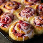 Freshly baked strawberry cinnamon rolls topped with cream frosting