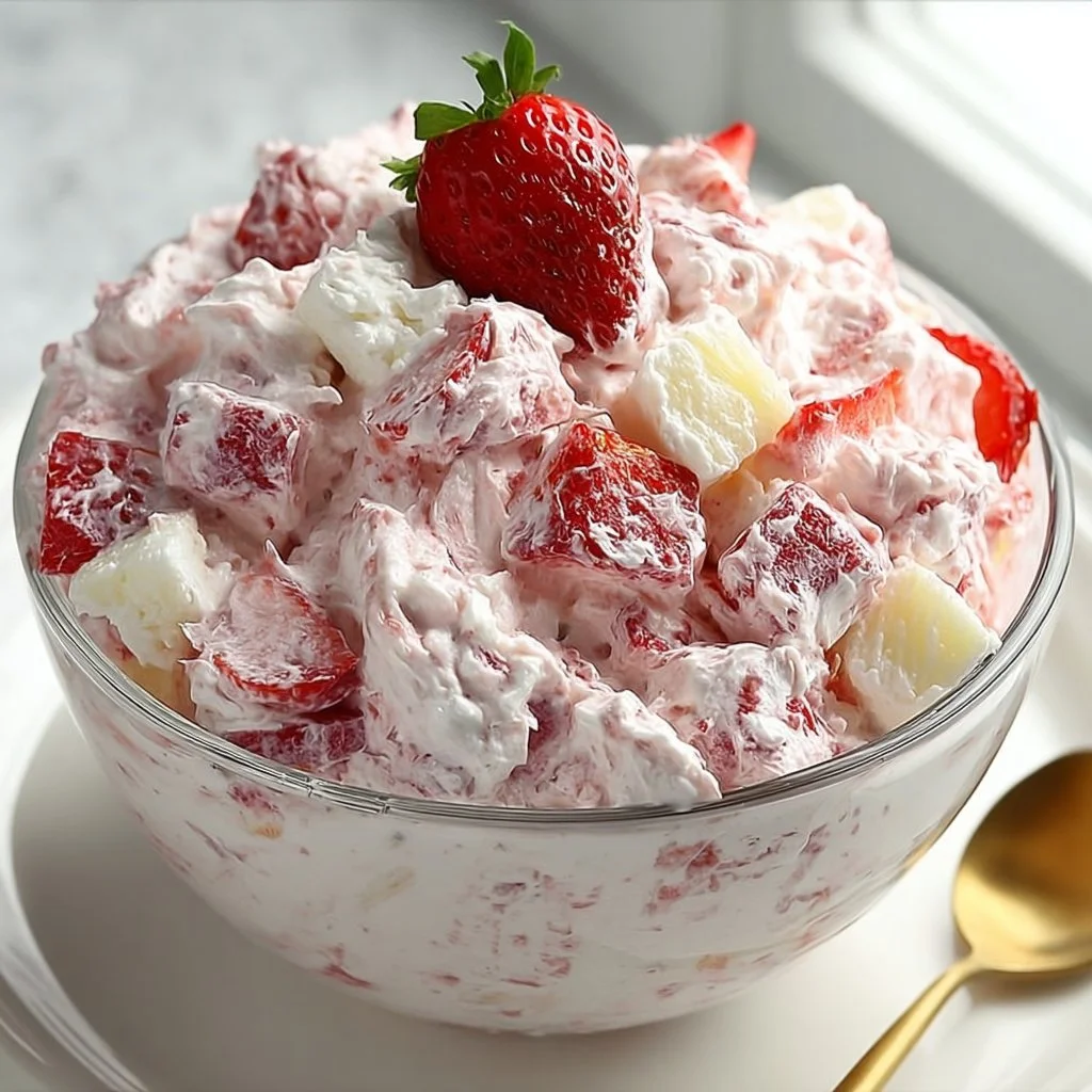 Delicious strawberry fluff salad with whipped cream and fresh strawberries