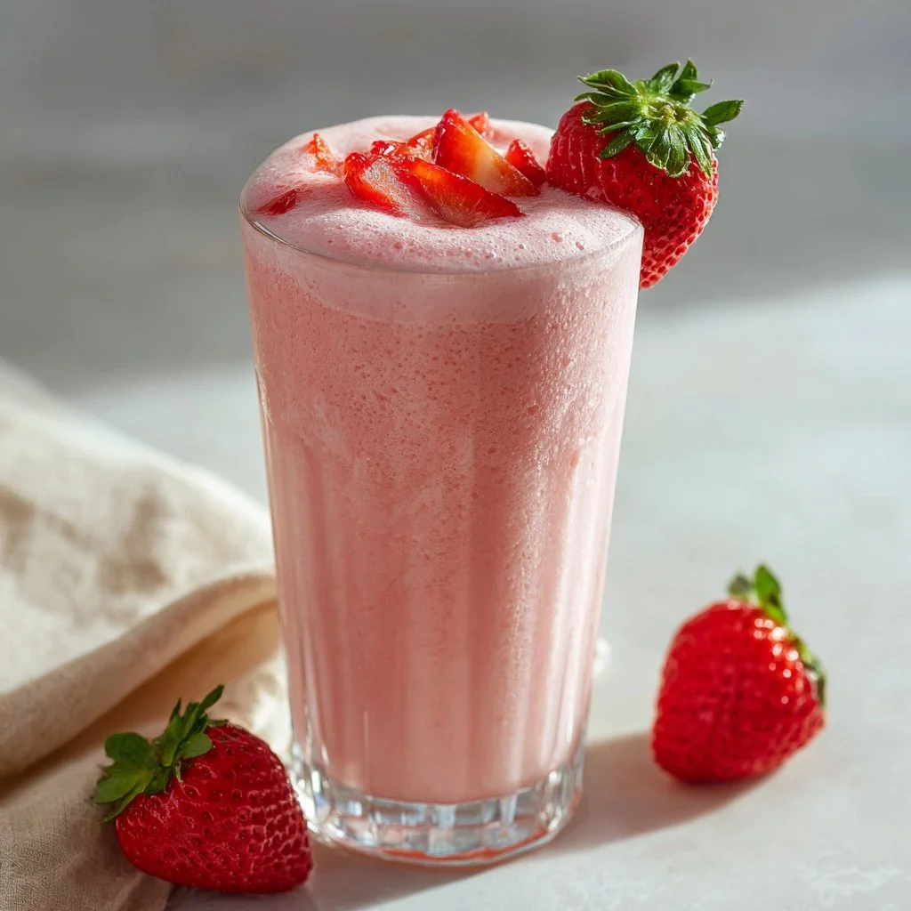 Creamy strawberry milkshake smoothie in a glass with fresh strawberries