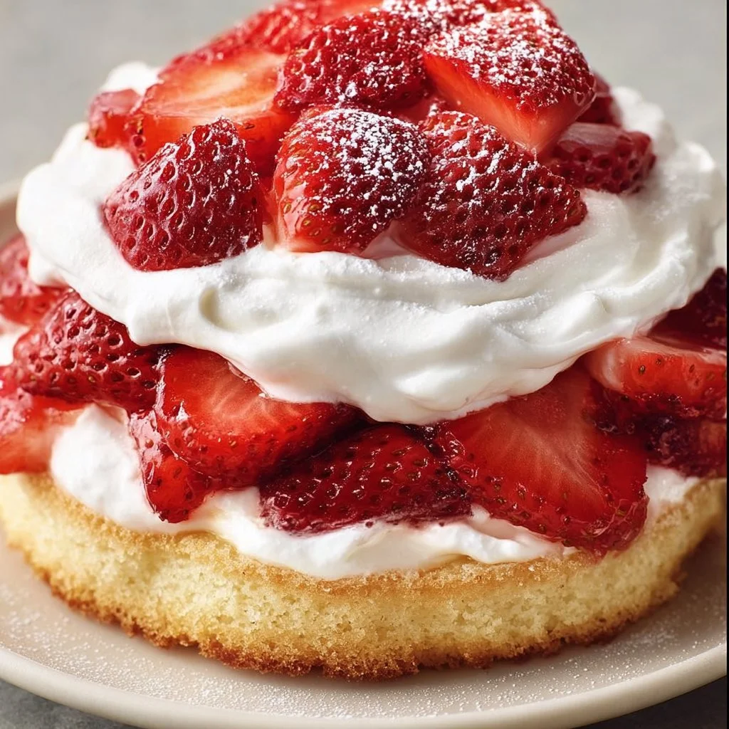 Delicious homemade strawberry shortcake served with fresh strawberries and whipped cream.