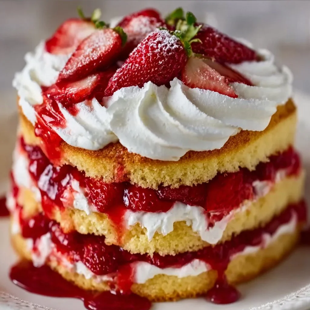 Delicious strawberry shortcake layered with fresh strawberries and fluffy sponge cake.