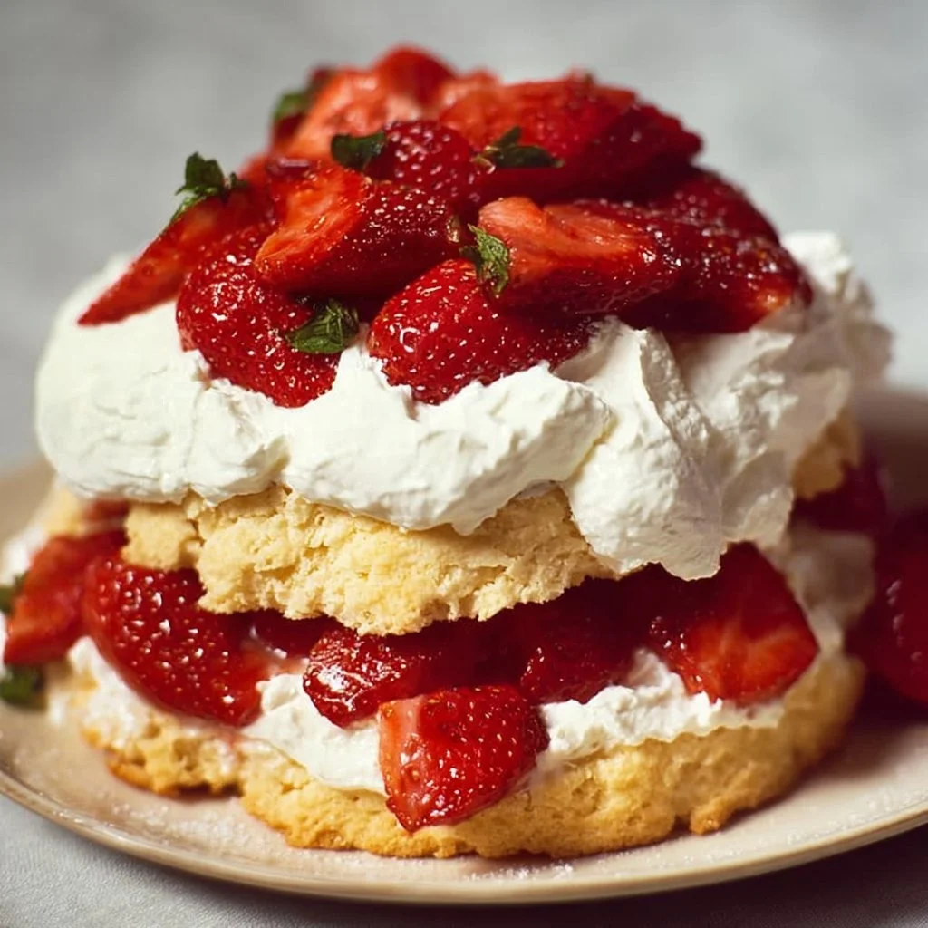 Delicious Strawberry Shortcake topped with fresh whipped cream and strawberries