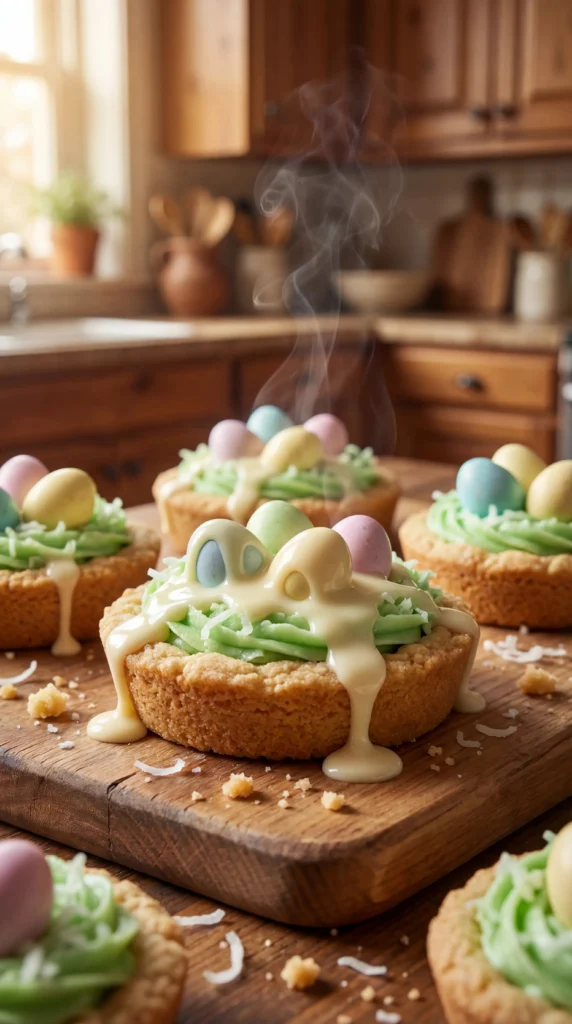 Colorful sugar cookie Easter egg nests decorated with candy in a nest shape