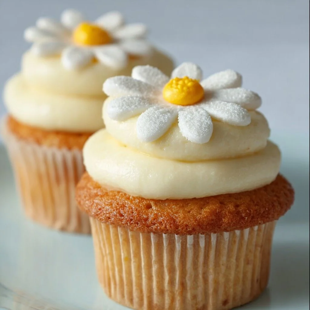 Super cute daisy cupcakes decorated with white icing and vibrant flower designs