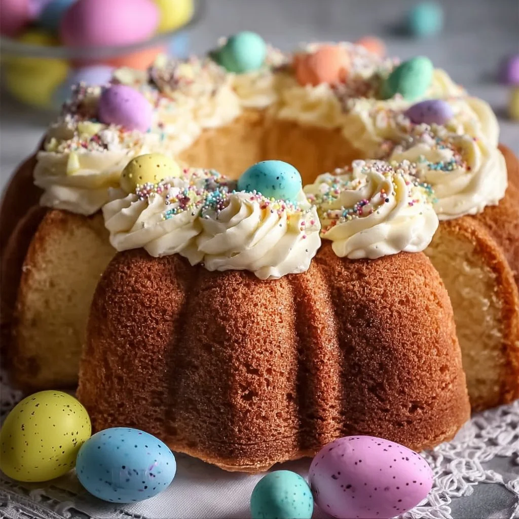 Traditional Easter Buttermilk Cake topped with colorful icing and decorations.
