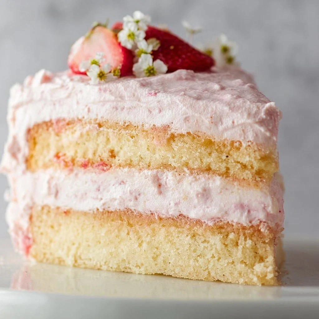 Vanilla Bean Layer Cake topped with Strawberry Cream Cheese Frosting on a plate.