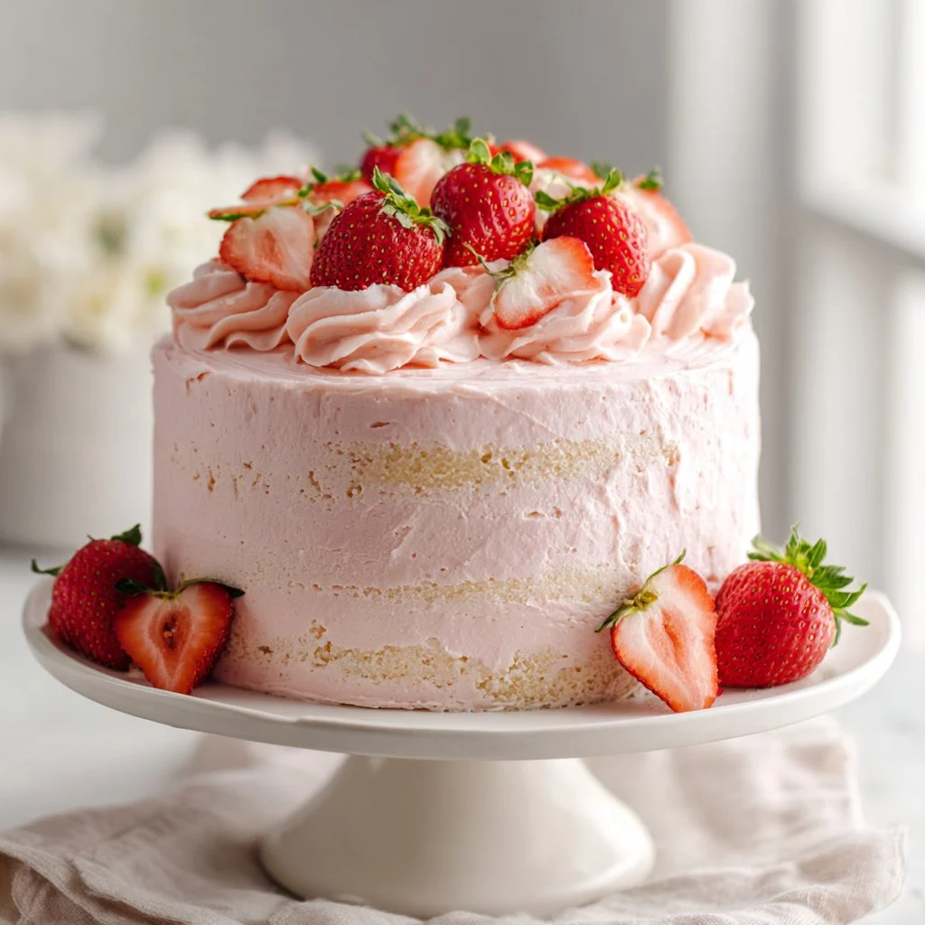 Vanilla Bean Layer Cake with Strawberry Cream Cheese Frosting