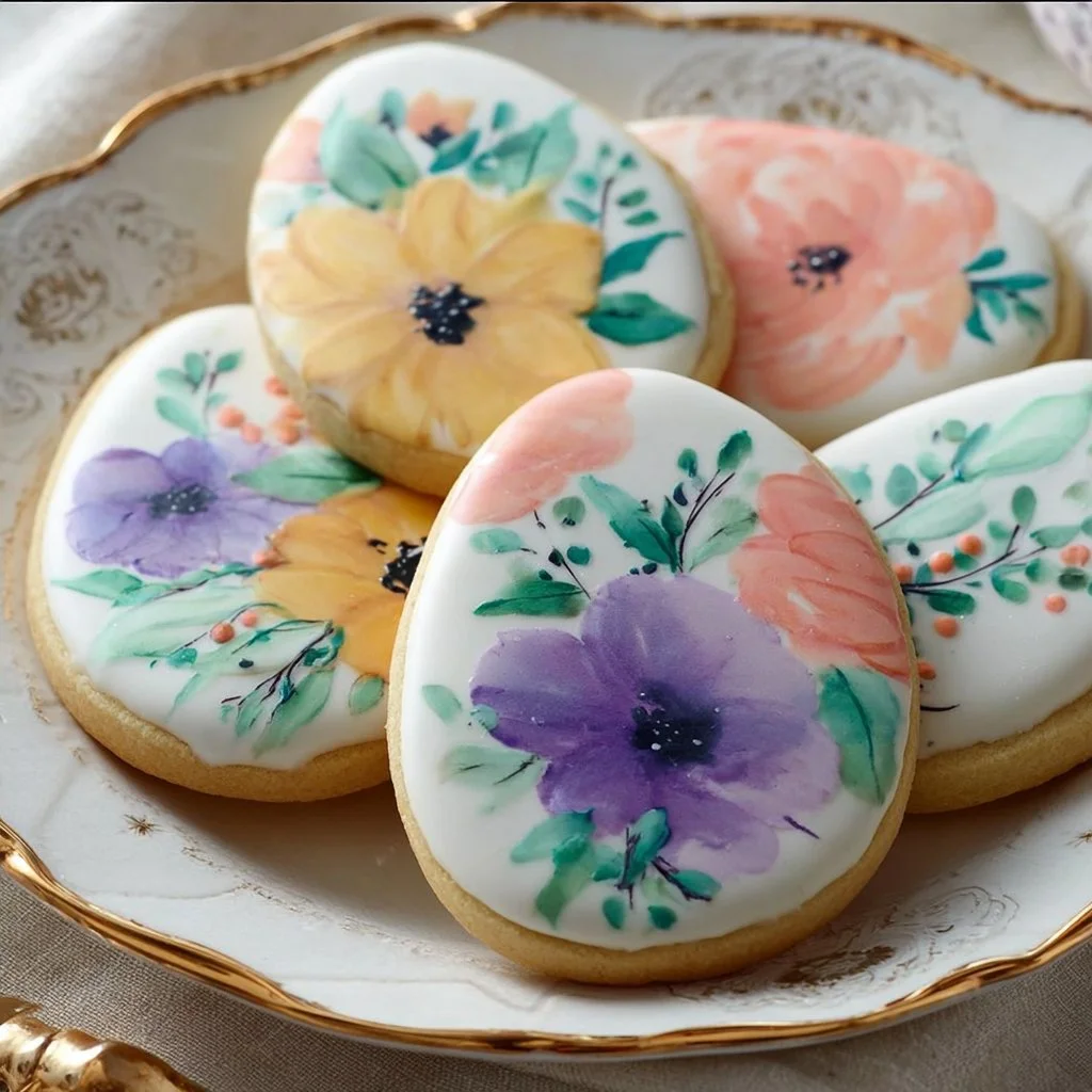 Beautiful watercolor floral Easter egg cookies decorated for Easter
