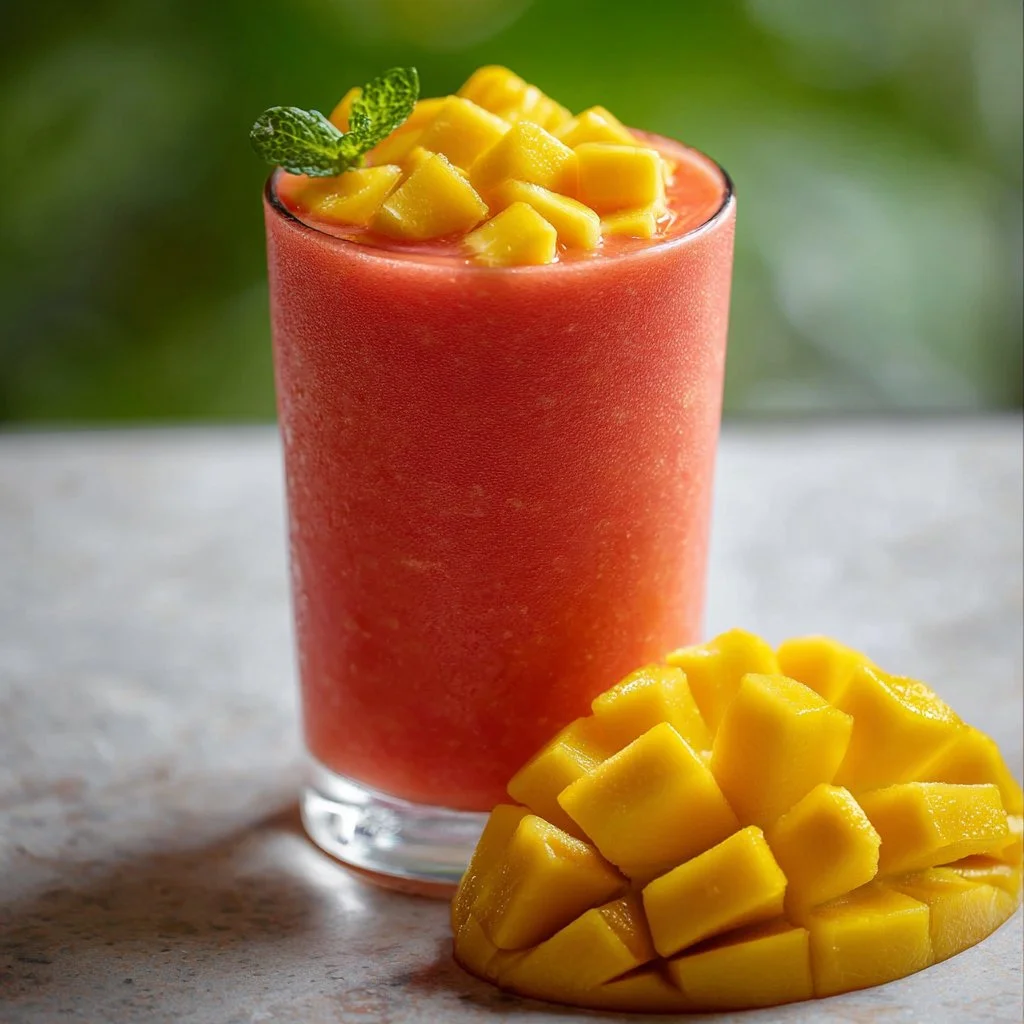 Watermelon Mango Smoothie in a glass garnished with mint leaves