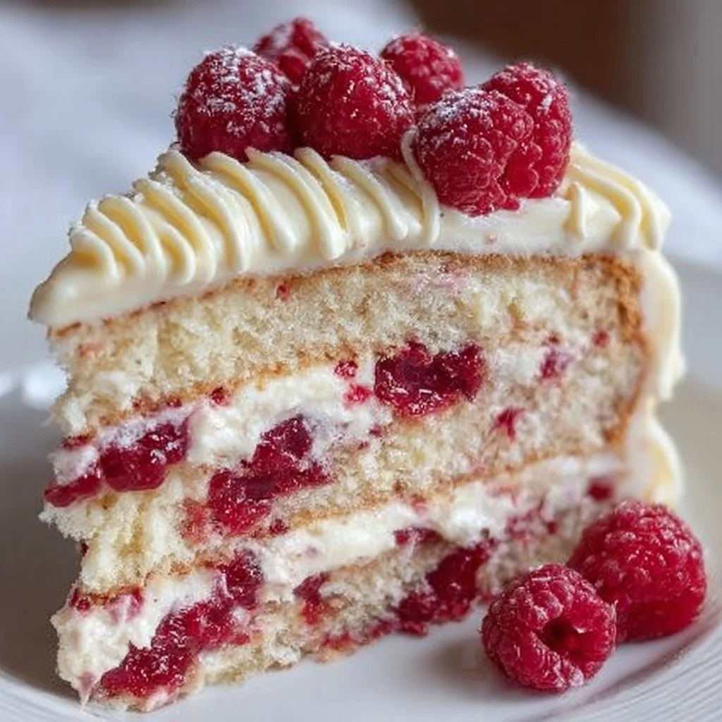 Delicious White Chocolate Raspberry Dream Cake with fresh raspberries and white chocolate frosting