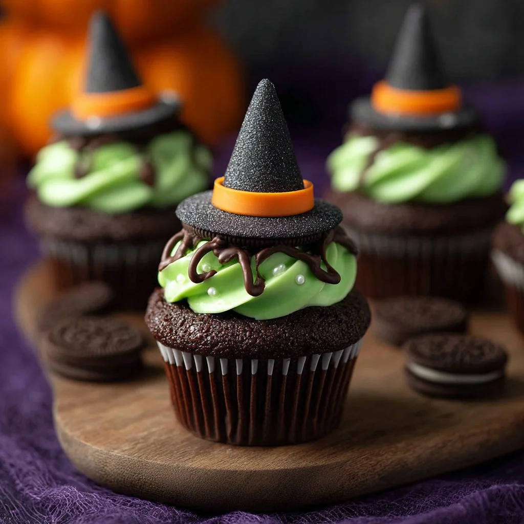 Witch Hat Chocolate Cupcakes decorated for Halloween