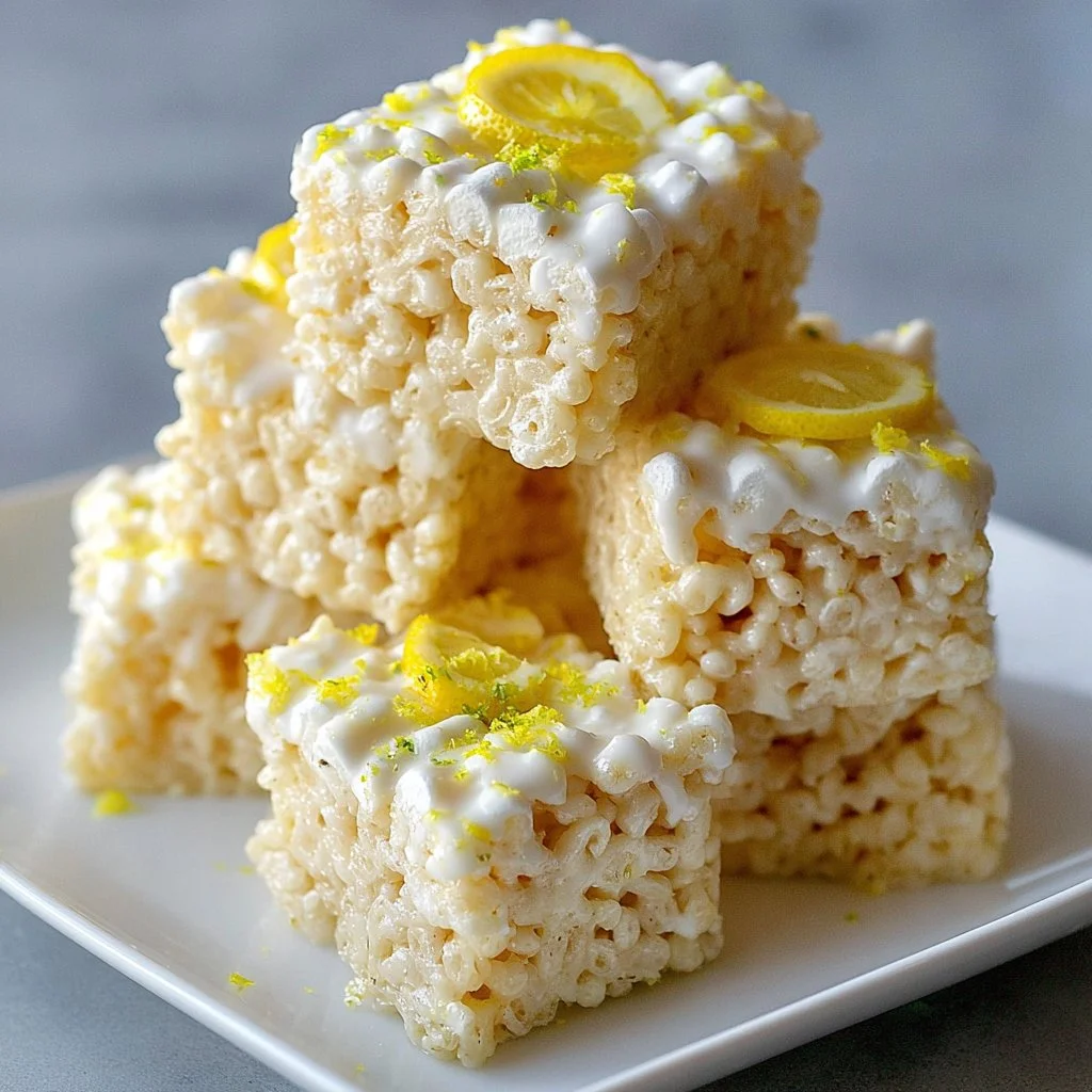 Zesty lemon rice krispie treats with a bright yellow hue and crispy texture