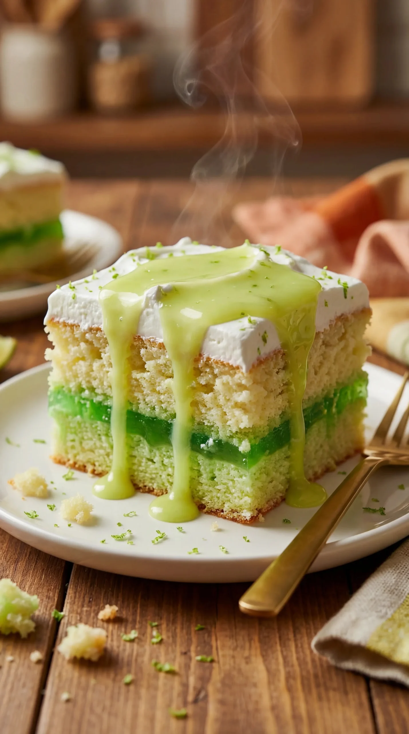 Delicious Zesty Lime Poke Cake topped with whipped cream and lime zest