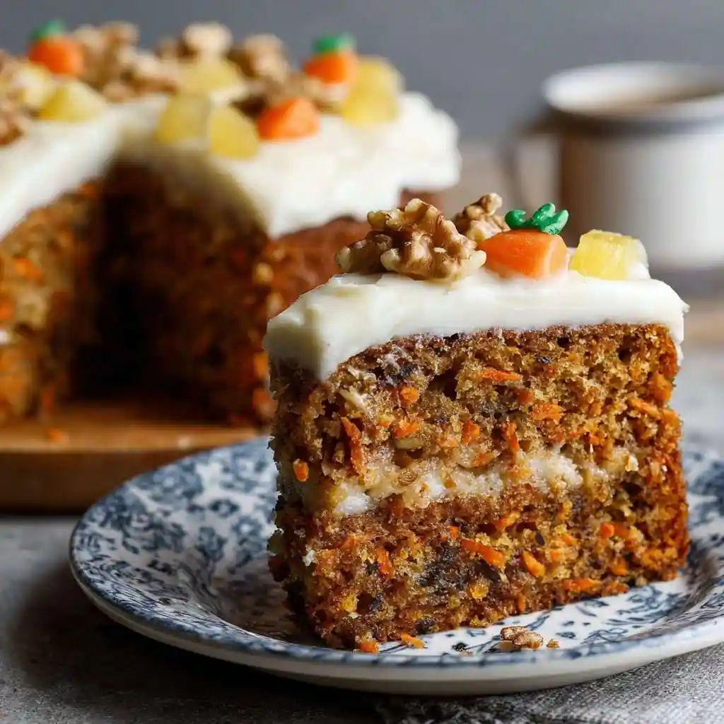 Delicious Carrot Pineapple Walnut Cake topped with cream cheese frosting.